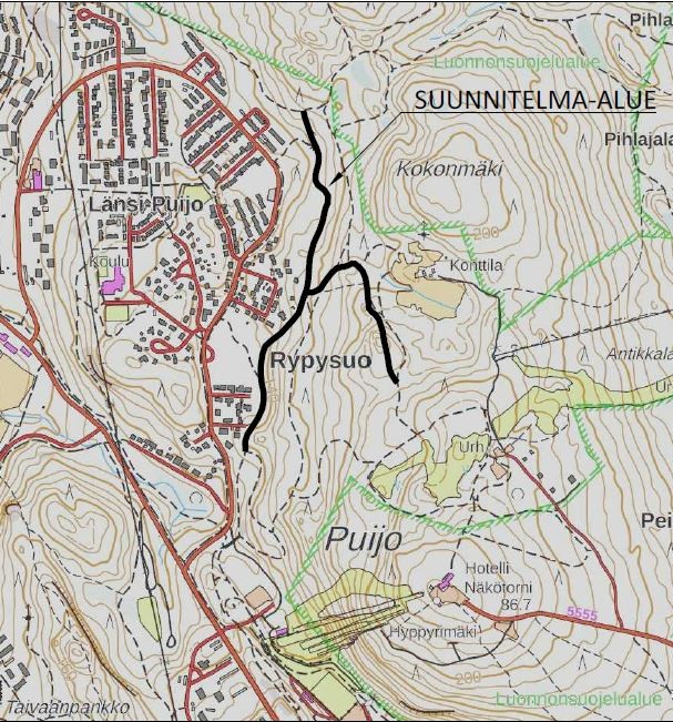 Karttakuvassa työmaa-alueen osuus mustalla merkittynä.