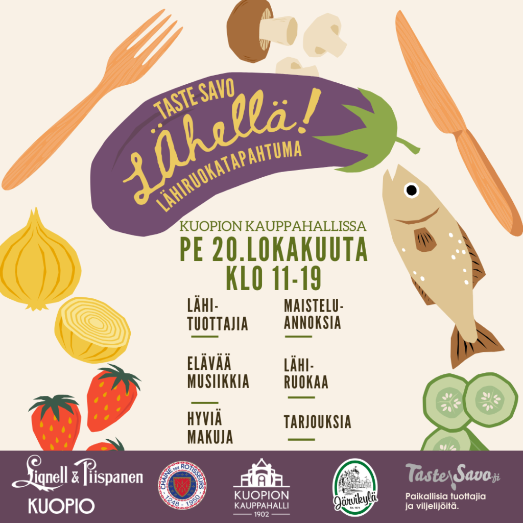 Lähellä! -tapahtuman mainos, piirrettyjä ruokia ja tapahtuman tiedot