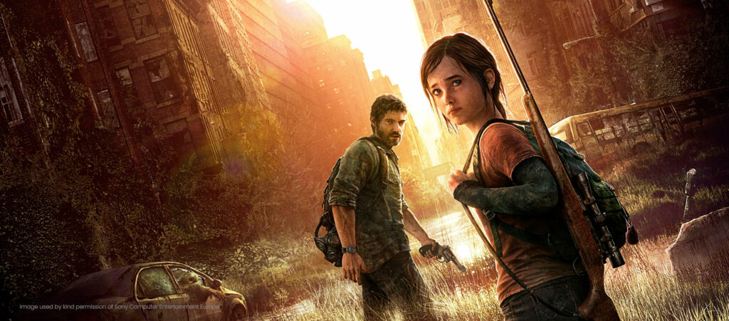 Piirretty pelikuva, jossa nainen ja mies varustettuina aseilla ja teksti Image used by kind permission of Sony Computer Entertainment Europe.