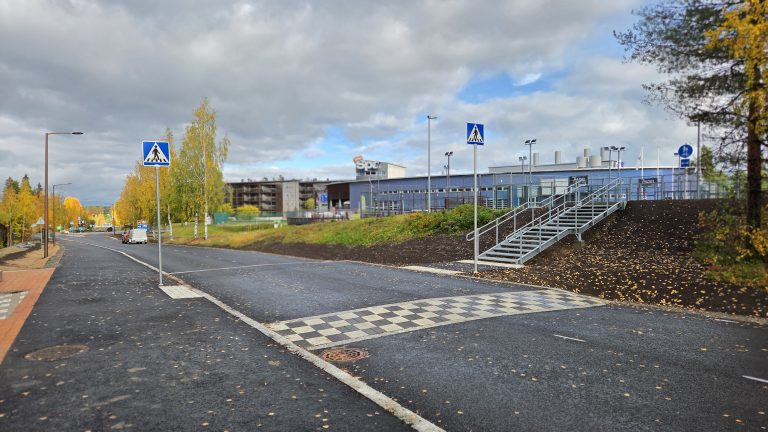 Tie, jonka yli menee suojatie. Taustalla syksyinen maisema sekä rakennuksia.